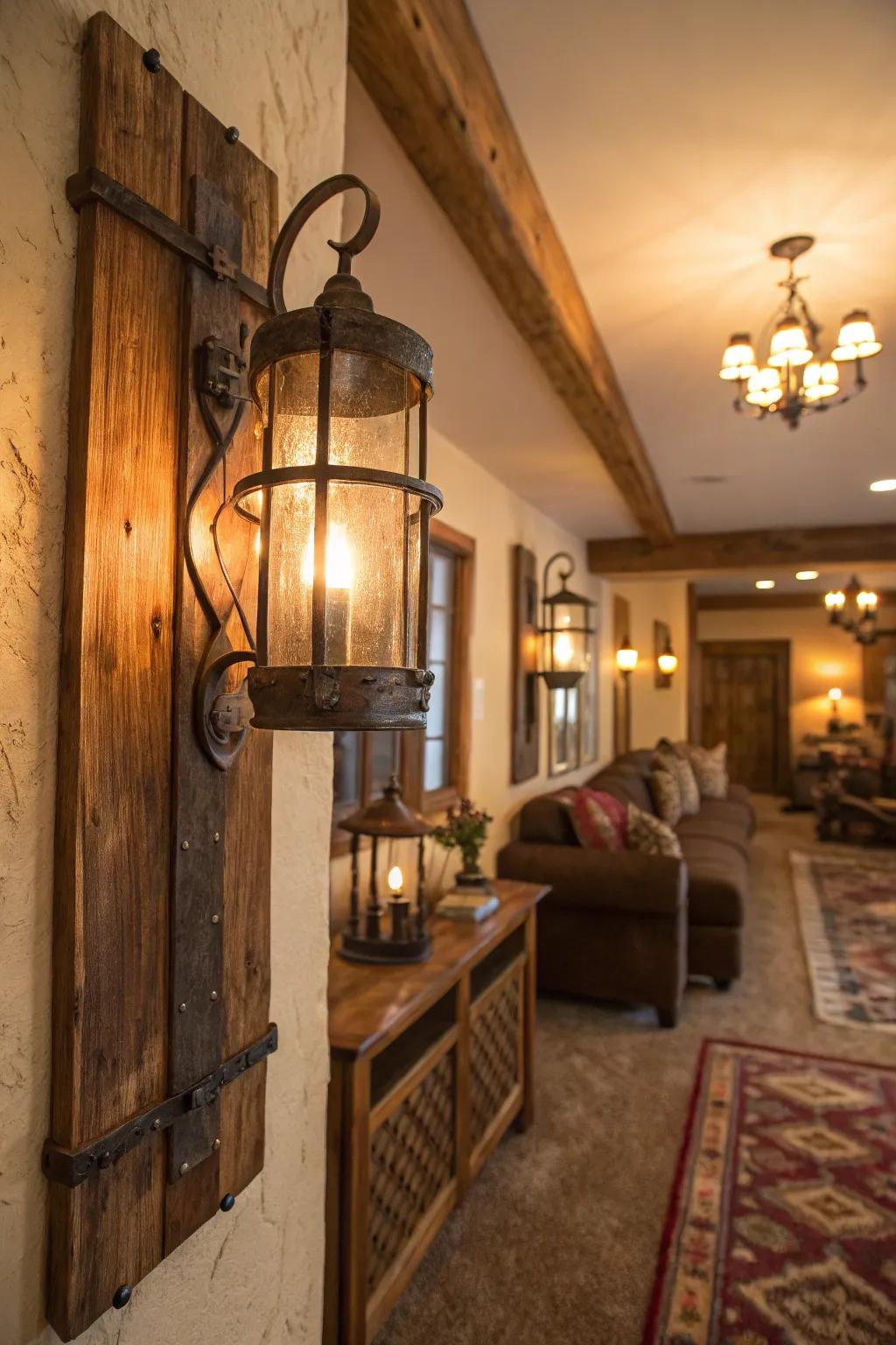 Countryside wall lights contribute warmth and ambiance to a snug room arrangement.