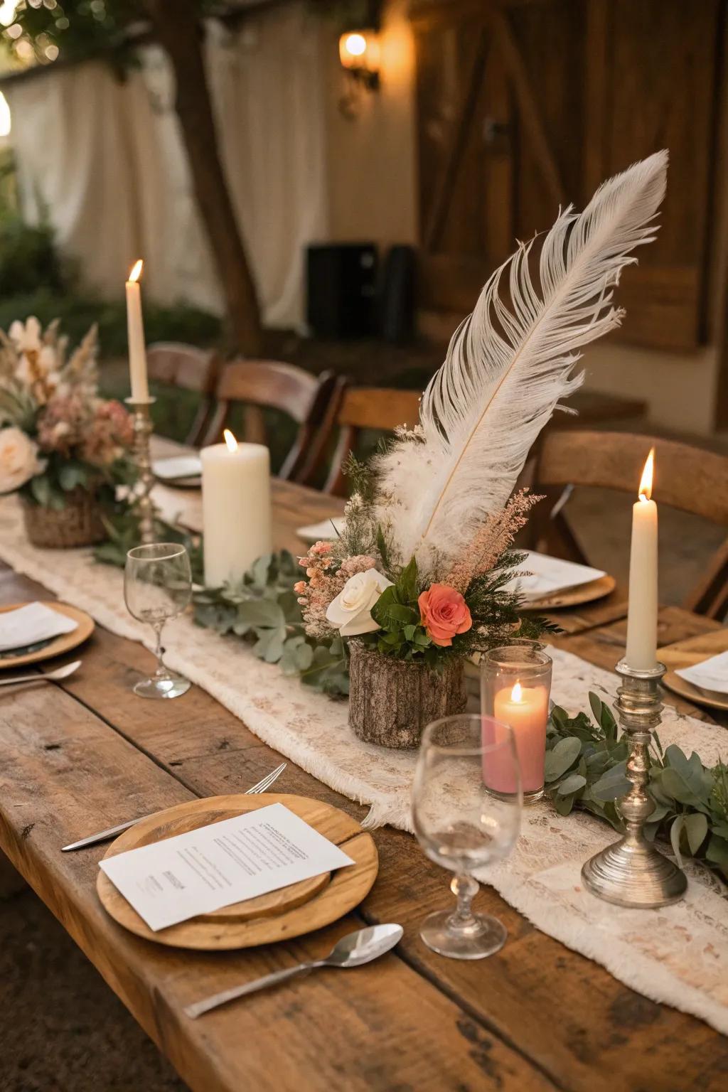 Plume highlights adding a whimsical texture to the countryside table.