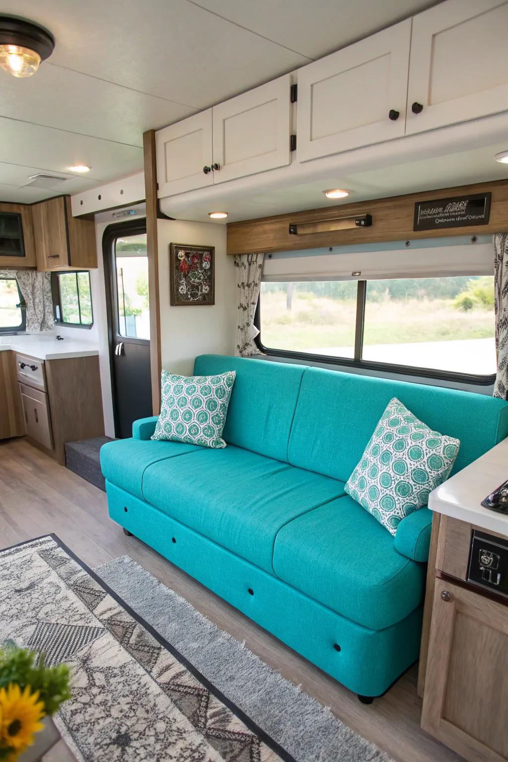 Bold-colored couches add personality to your RV.