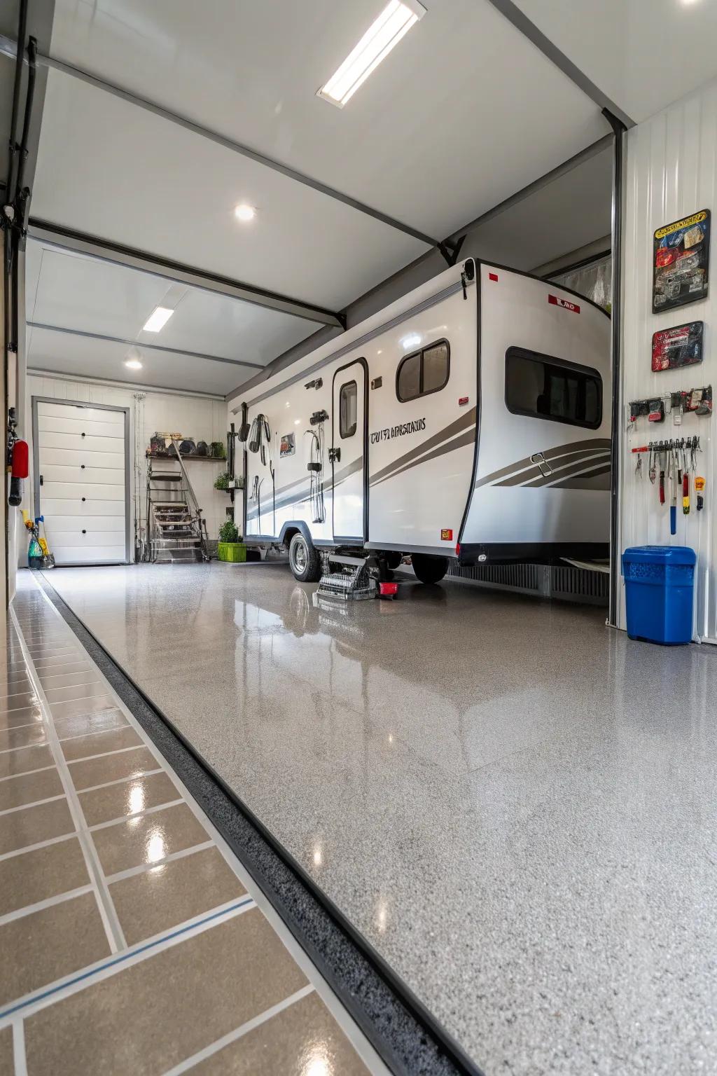 The RV garage features durable epoxy flooring for a seamless, polished finish.