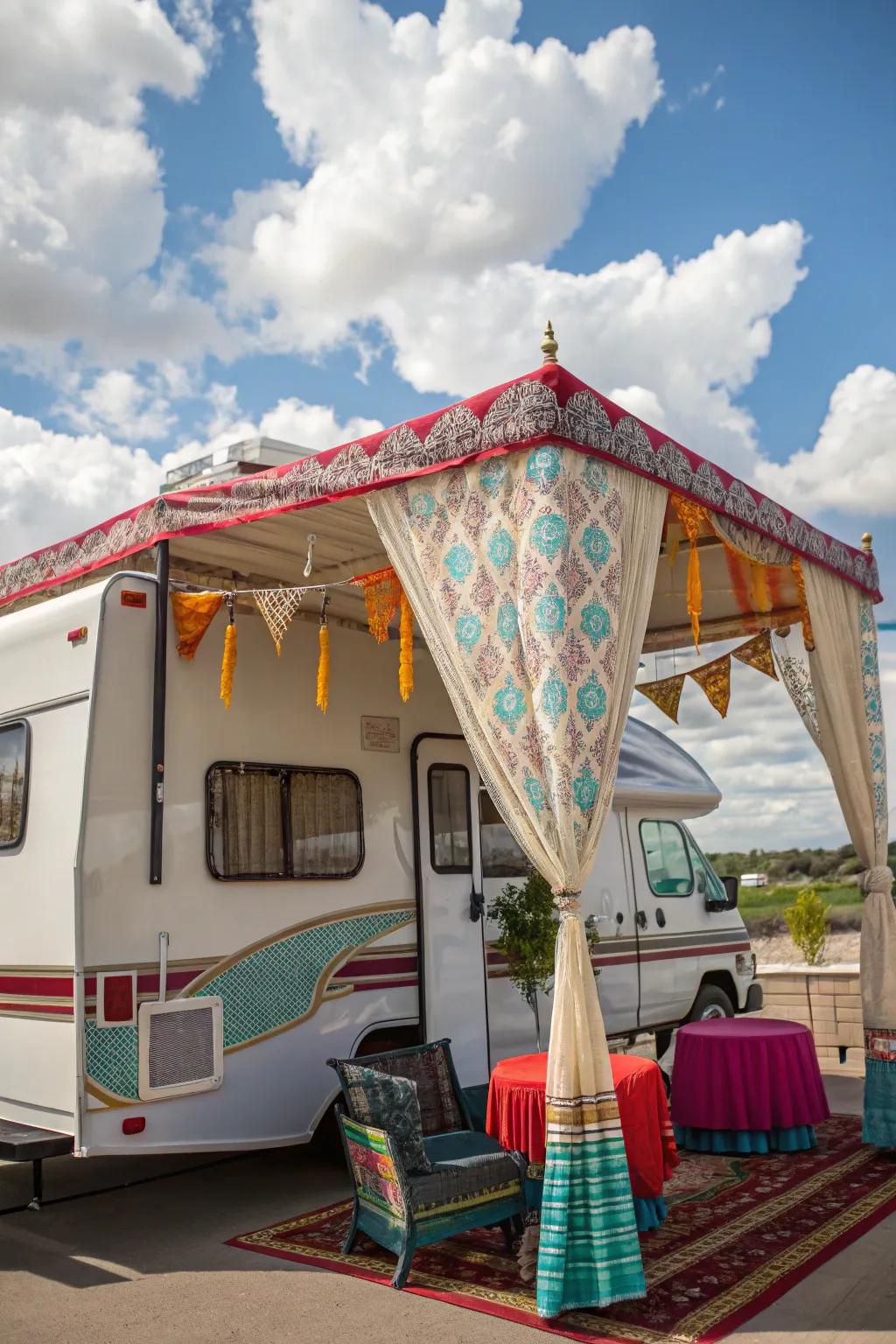 A charming shelter that adds style and shade to RV storage.