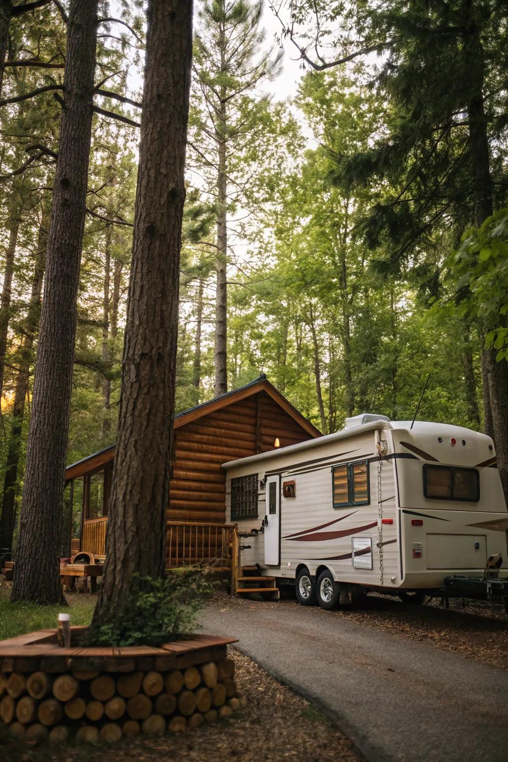 Log cabin-style siding brings the essence of nature to your RV with its rustic charm.