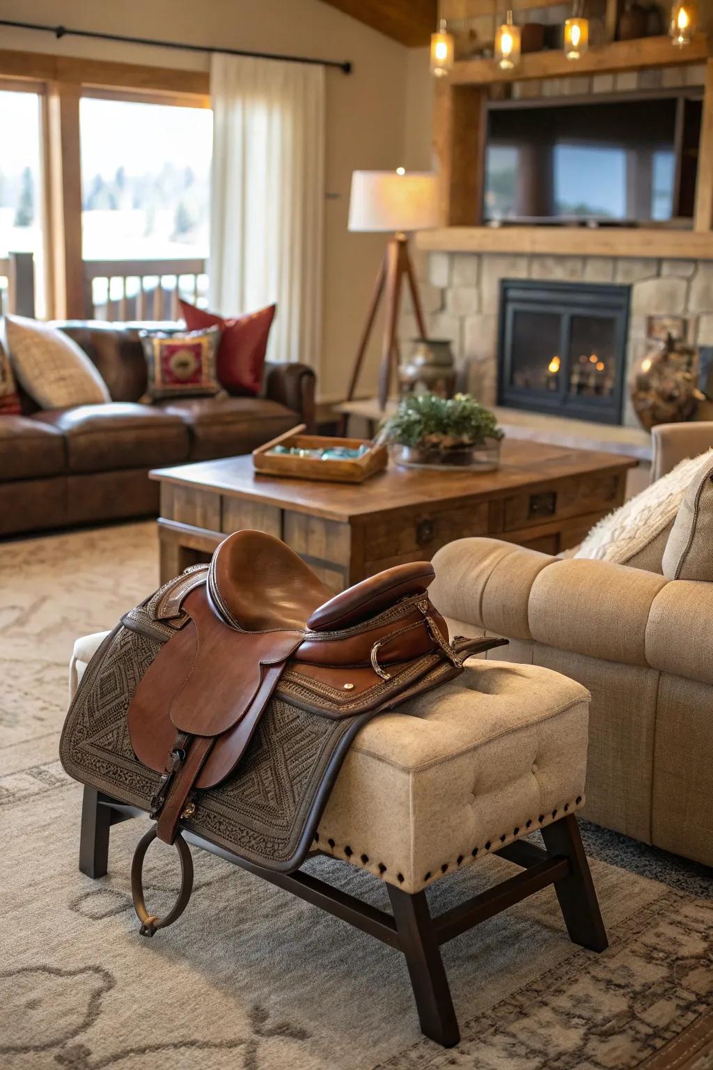 This living room is made more comfortable and unique by the addition of an equestrian footstool.