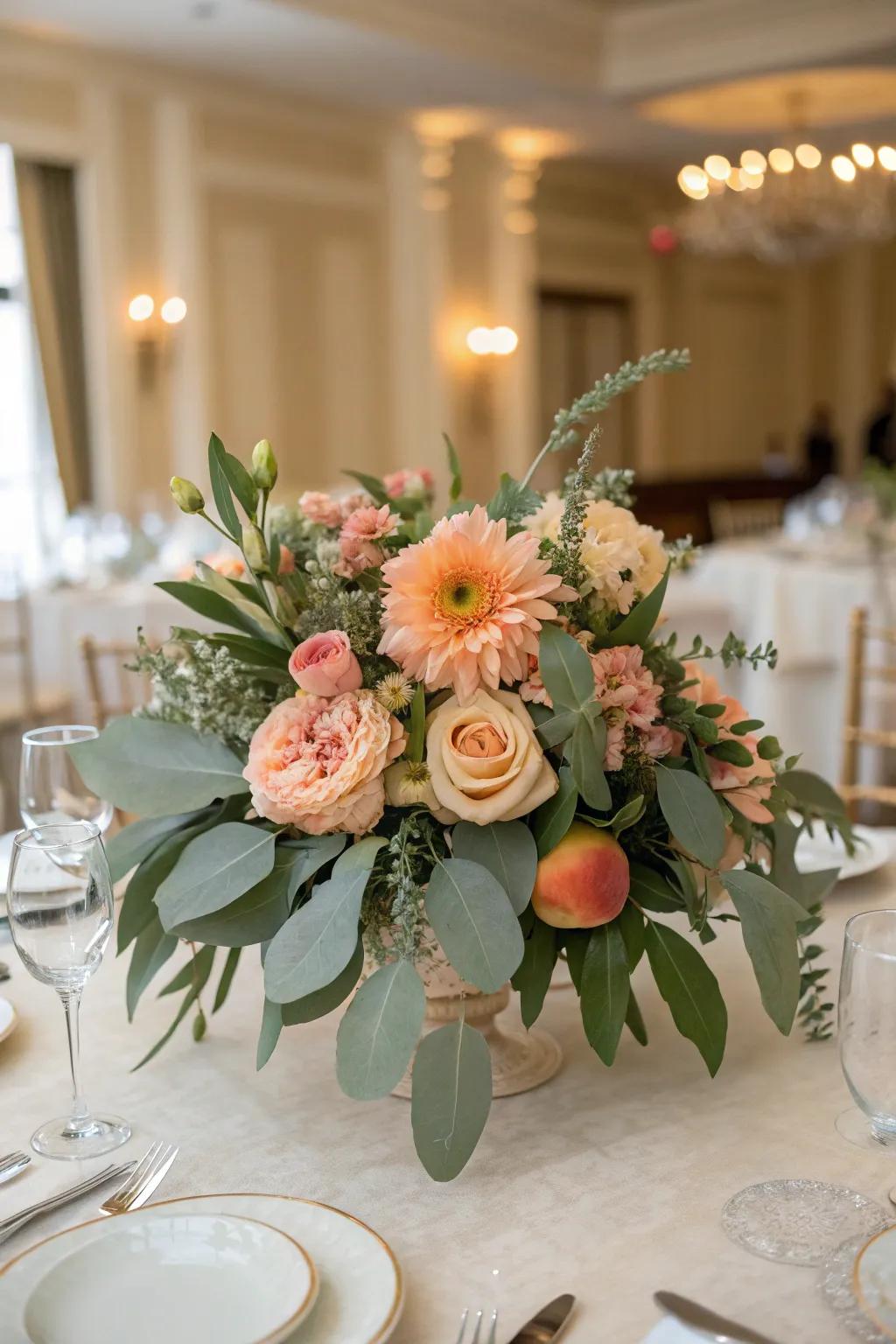 The combination of peach and sage green in this centerpiece is fresh and delightful.