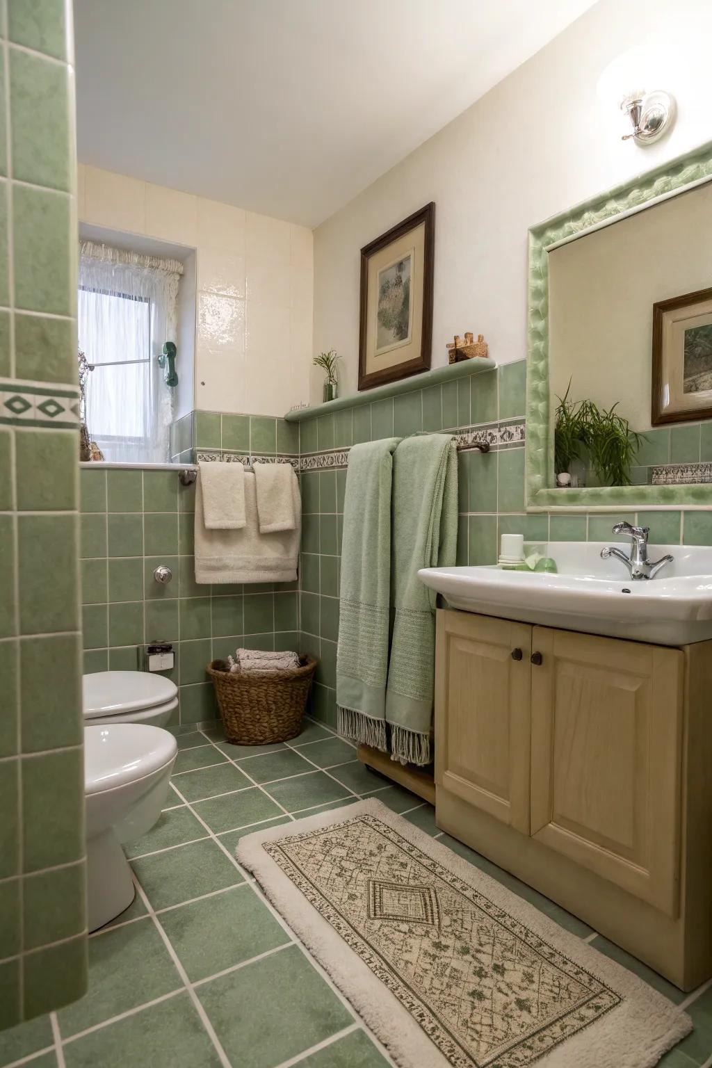 A bathroom with sage green décor accents that enhance the overall aesthetic.