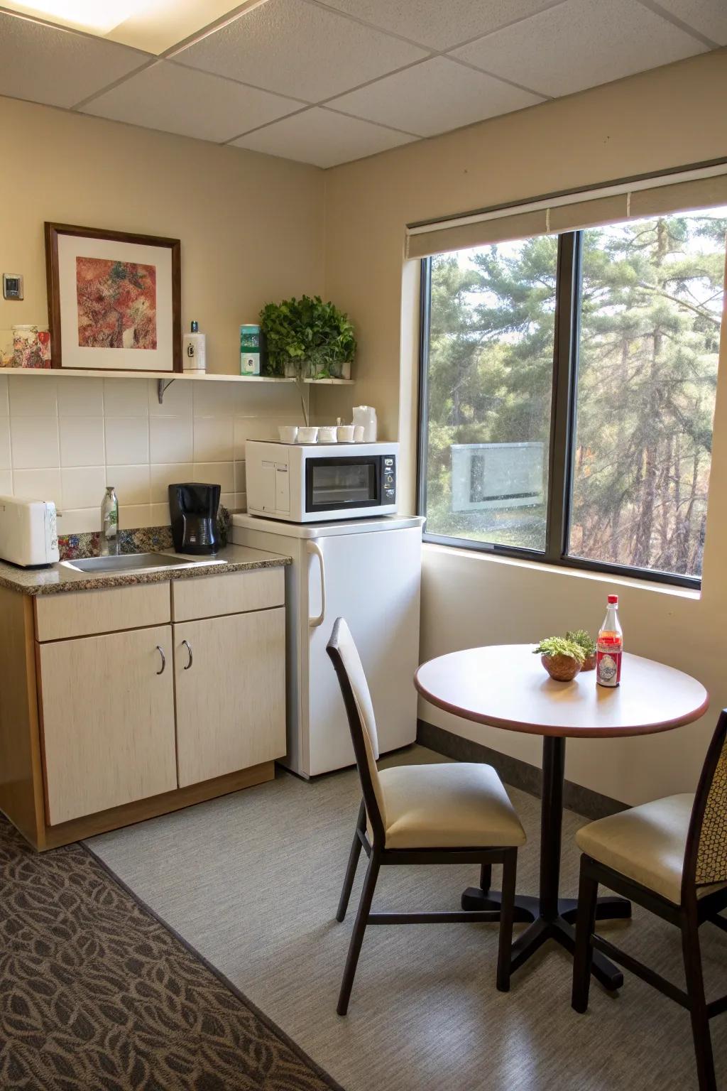 A well-appointed kitchenette sustains demanding schedules and quick meals.
