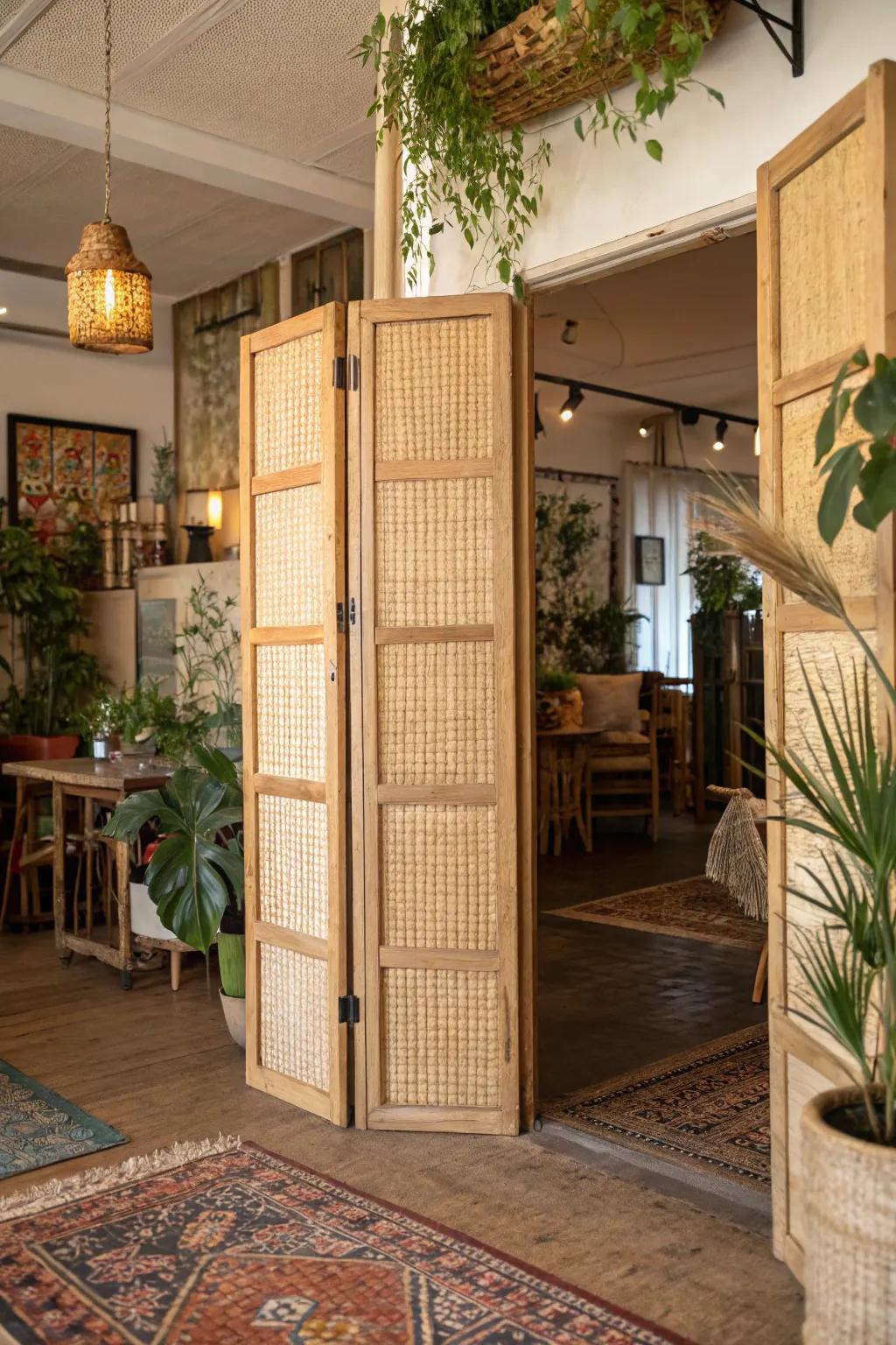 Organic textures using woven panels in saloon doors.