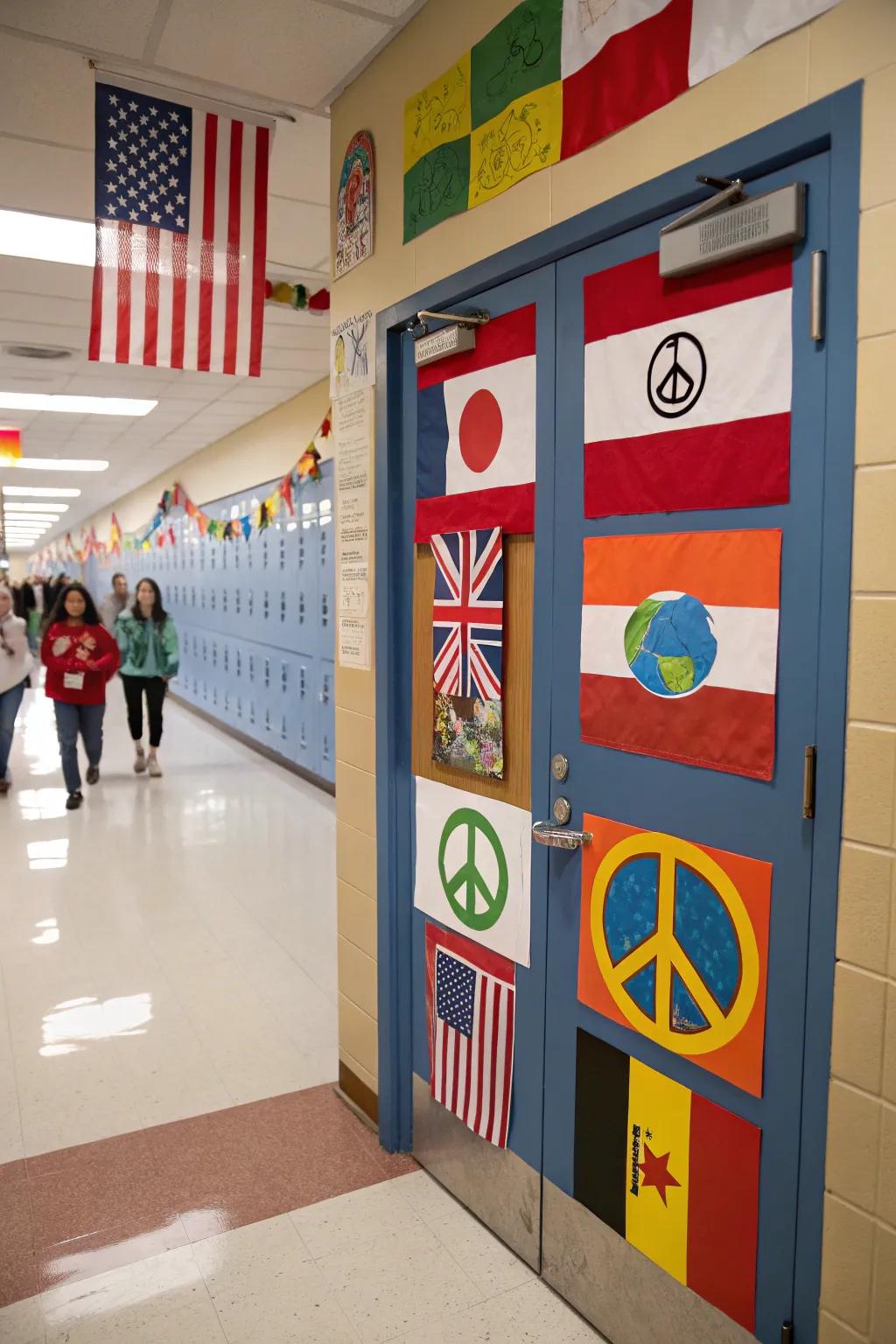 A school nurse door with a world theme celebrates different cultures.