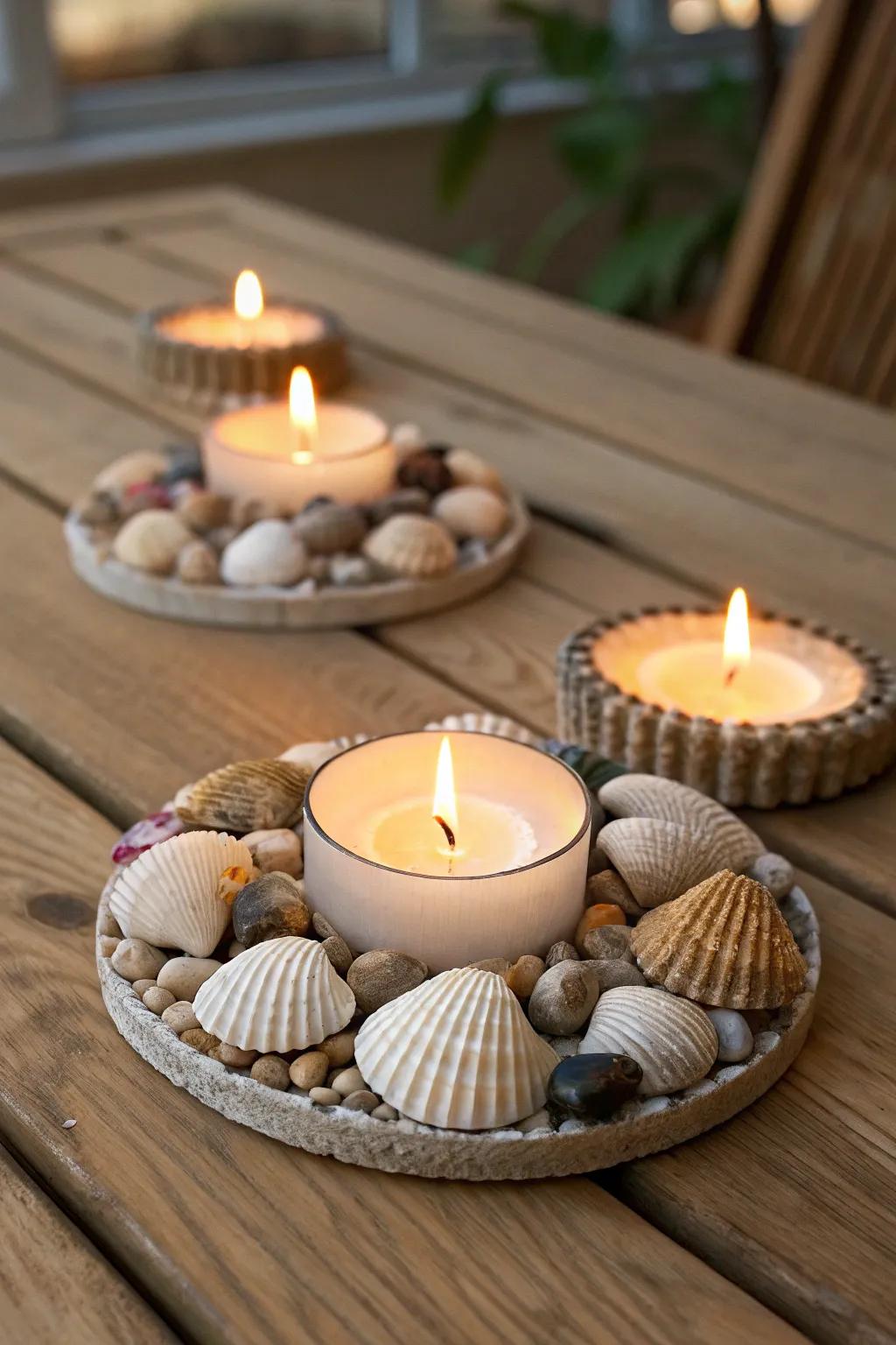 Seashell candle vessels infuse warmth and coastal charm into any setting.