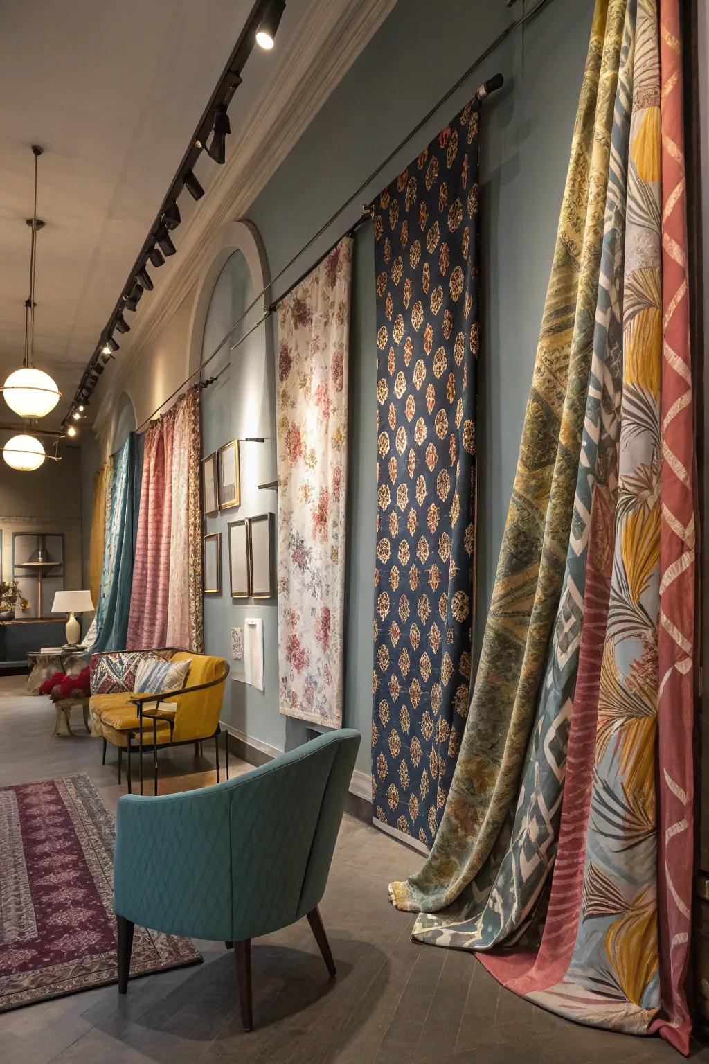 Patterned fabric creates a vibrant, eclectic selfie wall.