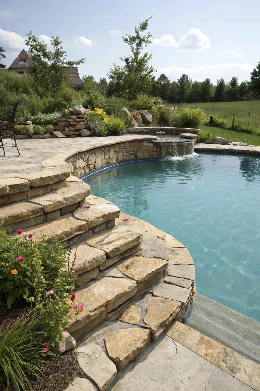 A semi-inground pool with elegant native stone steps for straightforward entry.