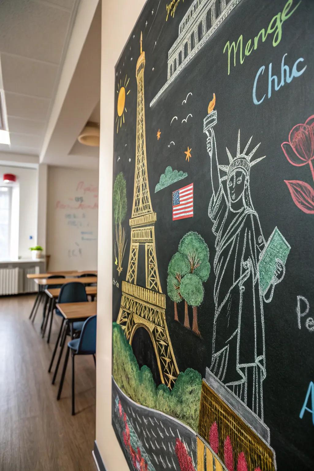 A travel memory board on a chalkboard featuring sketches of famous landmarks.