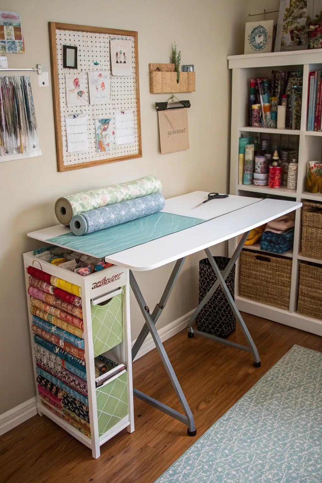 A fold-away table offers flexible workspace.