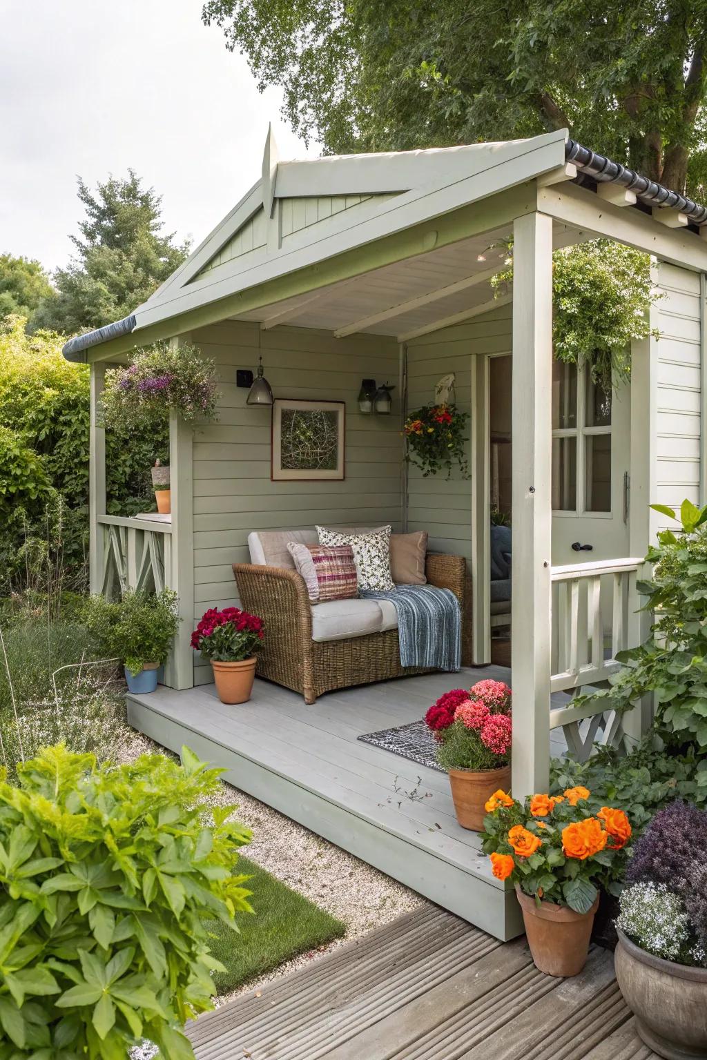 A garden shed featuring a chic and inviting veranda.