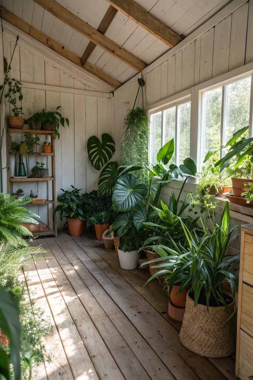 Indoor plants bring energy and freshness to shed interiors.