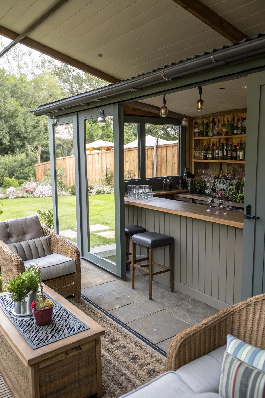 A shed converted into a chic outdoor bar lounge for social gatherings.