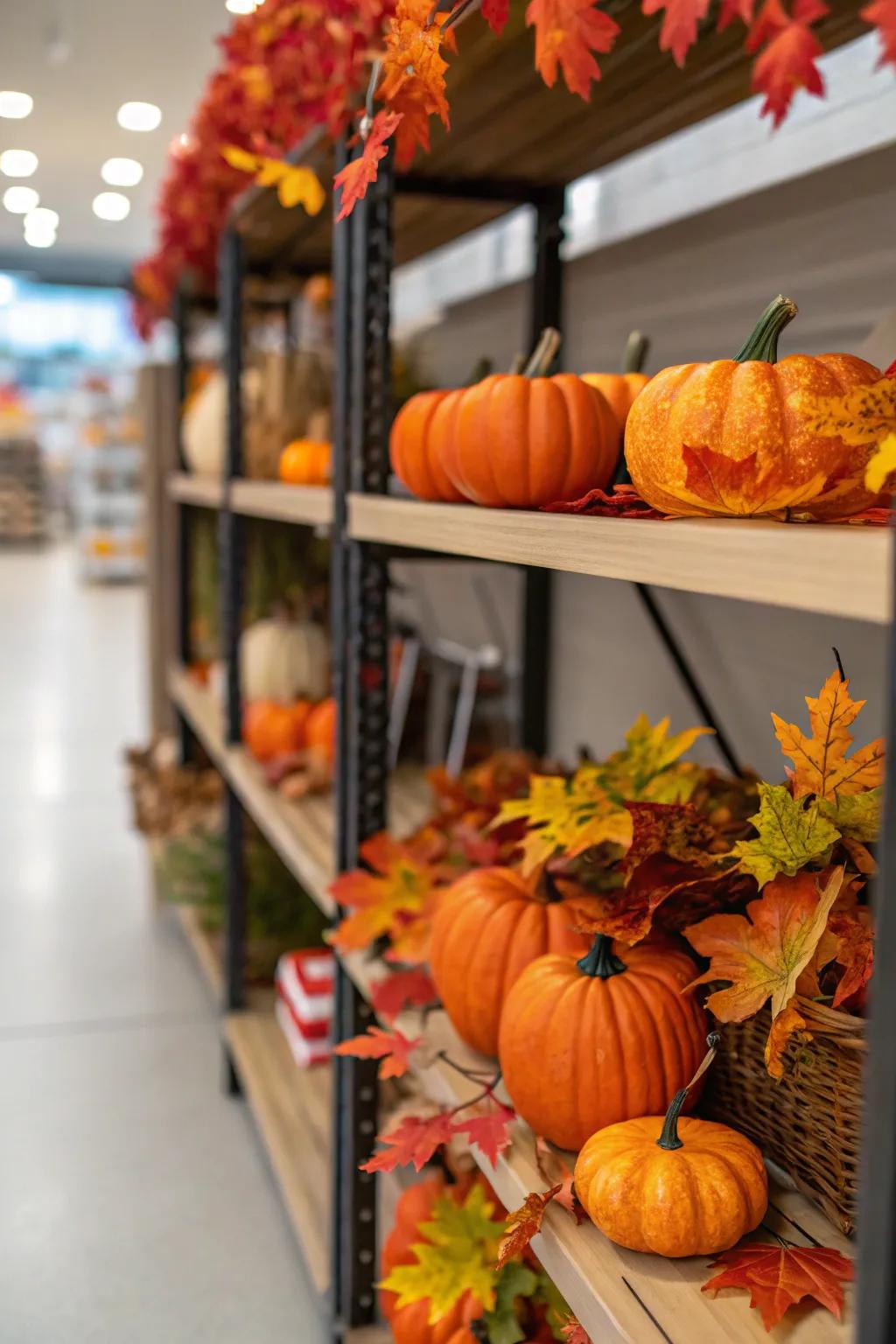 Seasonal pieces like decorative gourds and autumn leaves maintain the shelf's freshness.