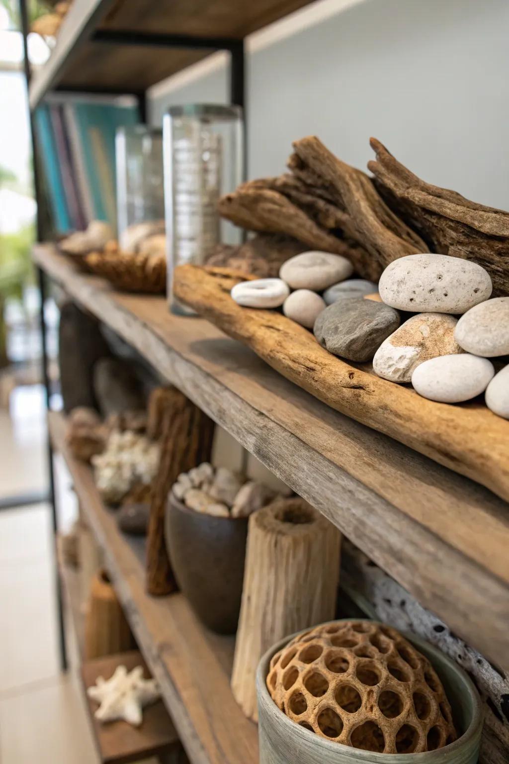 Natural pieces lend an earthy, countryside atmosphere to shelves.