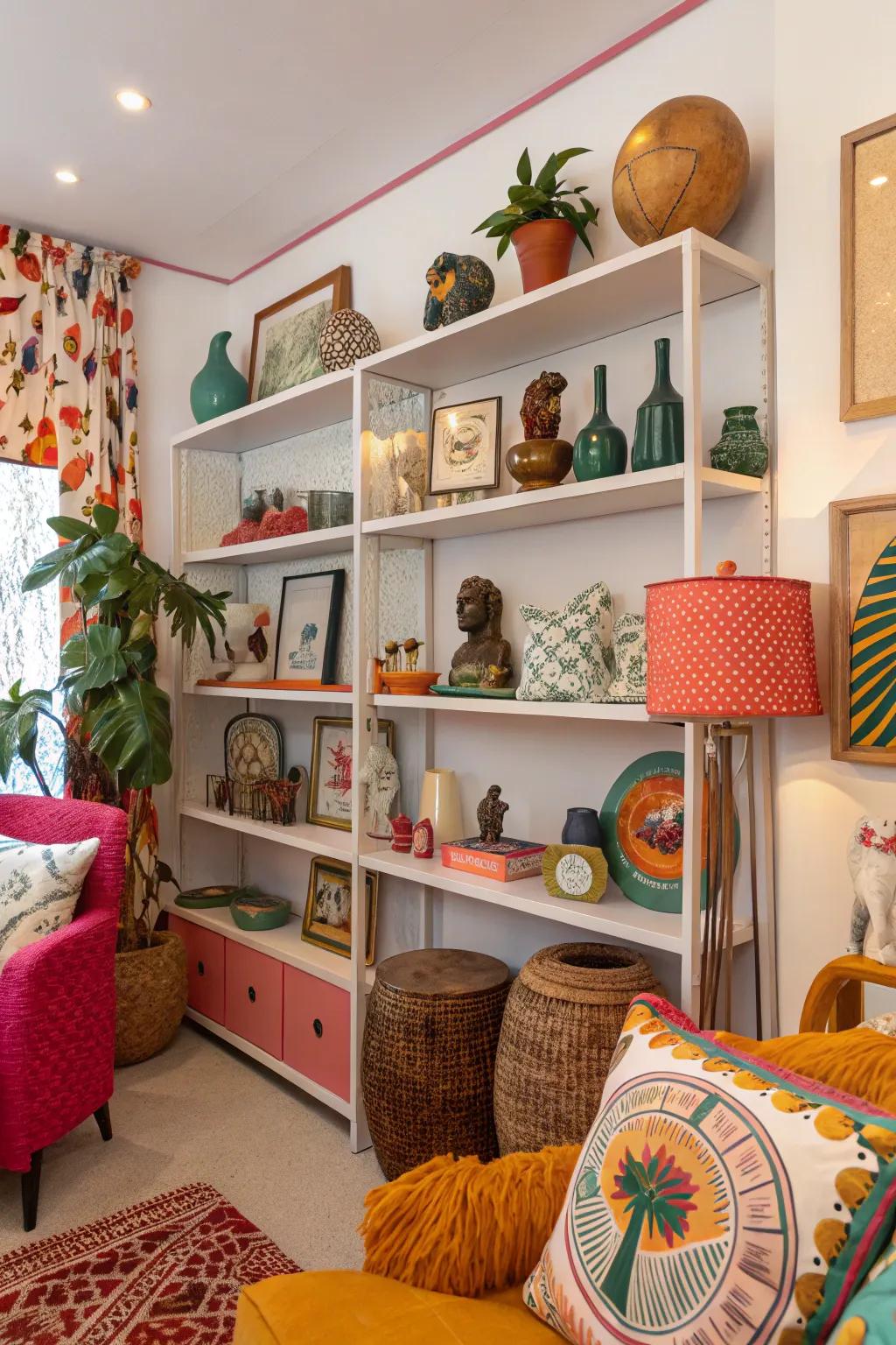 Whimsical sculptures add personality and charm to shelves.