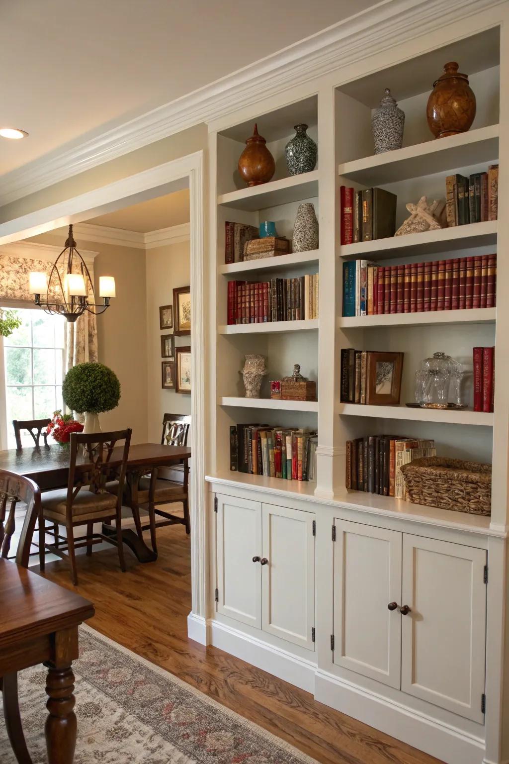 Capitalizing on elevated space via towering shelves inside the dining room.