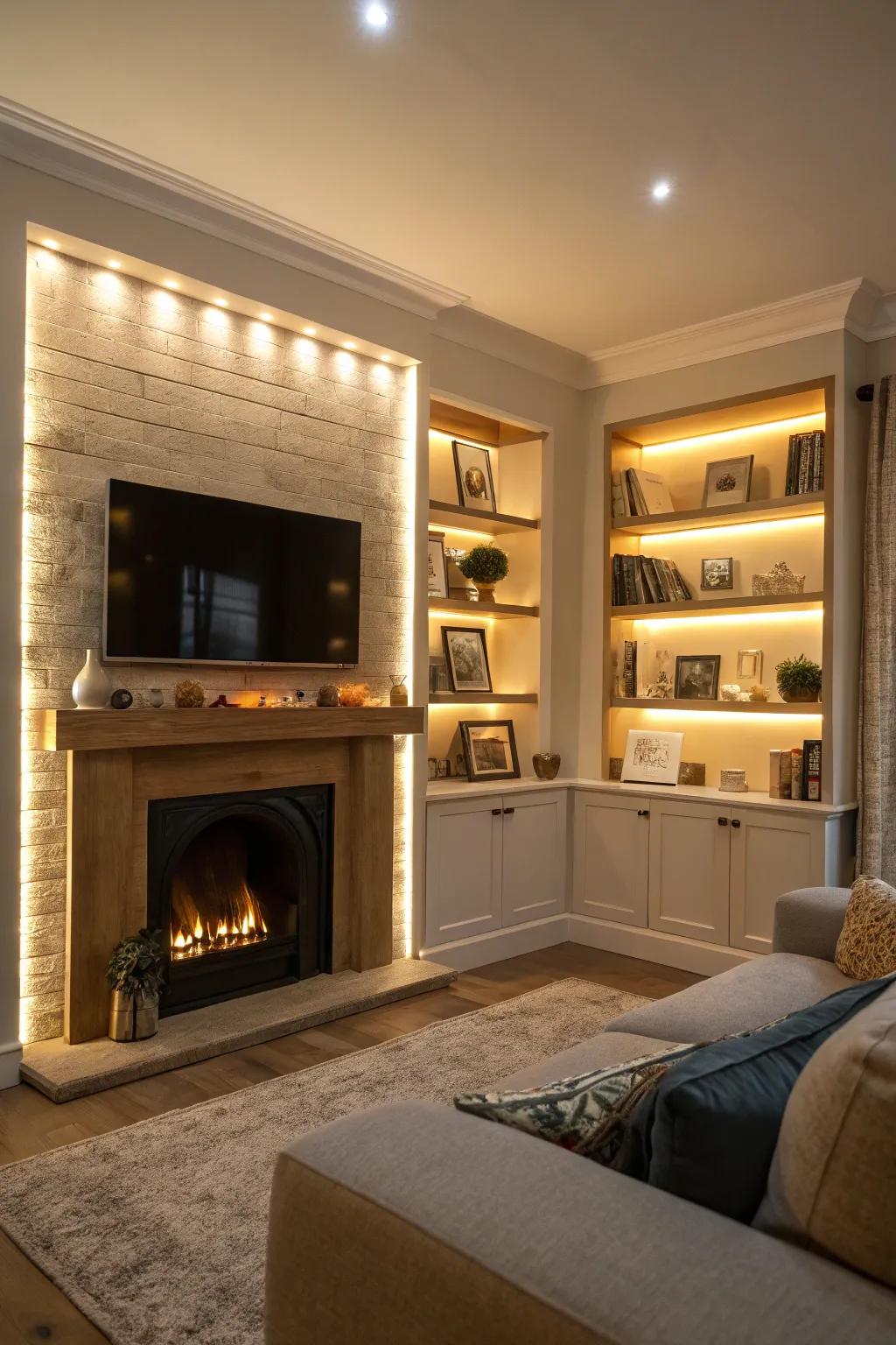 Soft illumination highlights the decor and adds warmth.