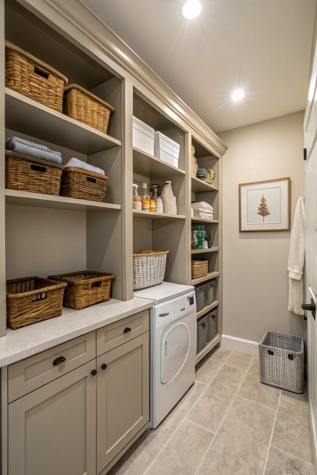 Built-in shelves in a utility room, providing a seamless and cohesive storage solution.
