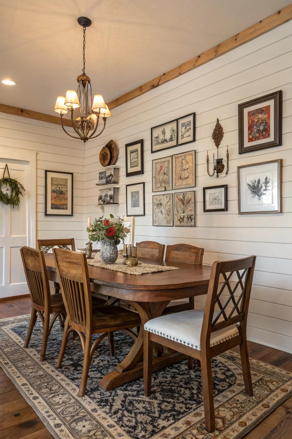 A dining room filled with artistic flair and shiplap walls.