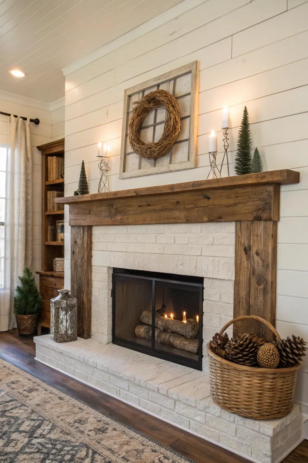 Country home-style shiplap fireplace creating an inviting country cottage ambiance.