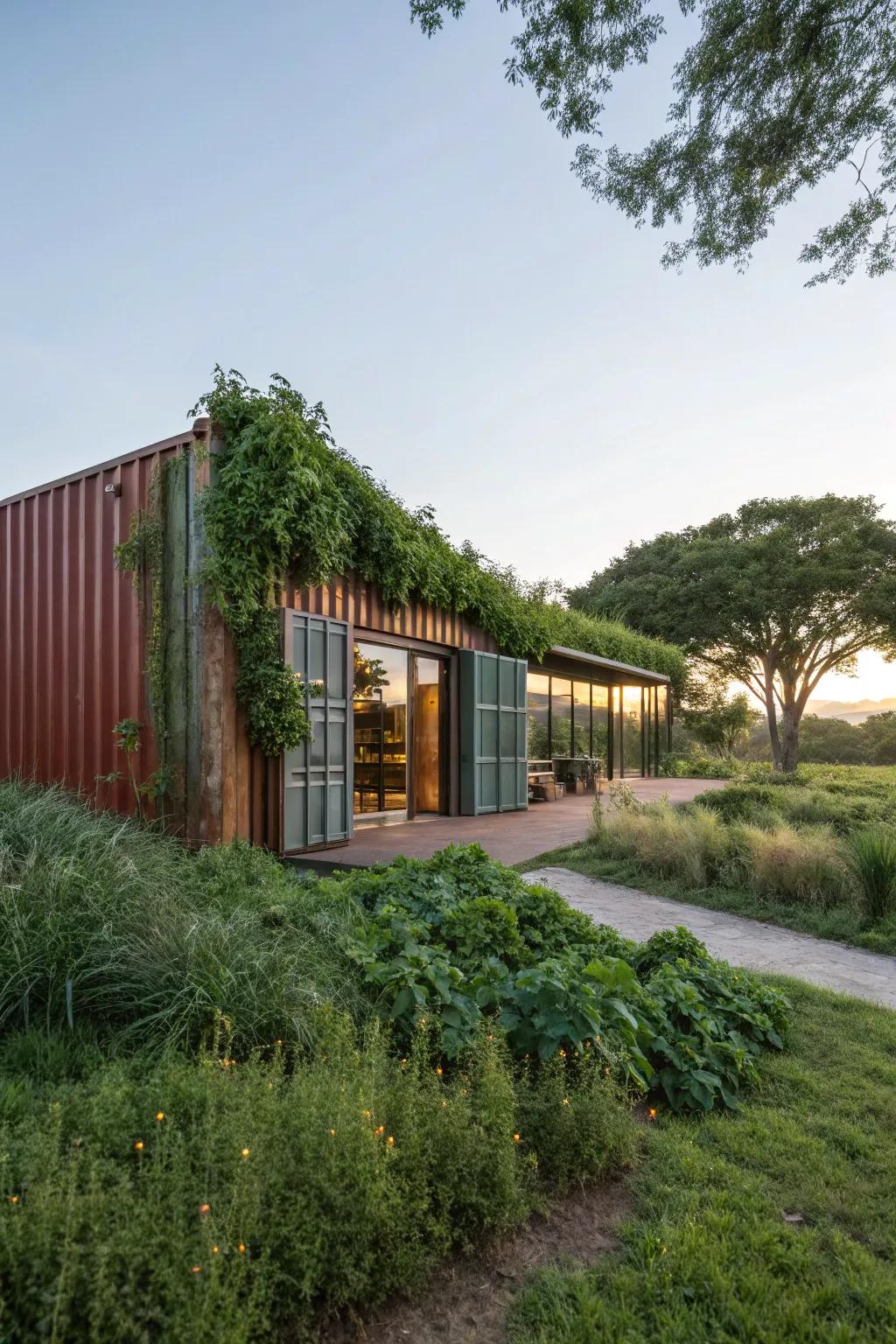 A beautifully integrated shipping container barn within its landscape.