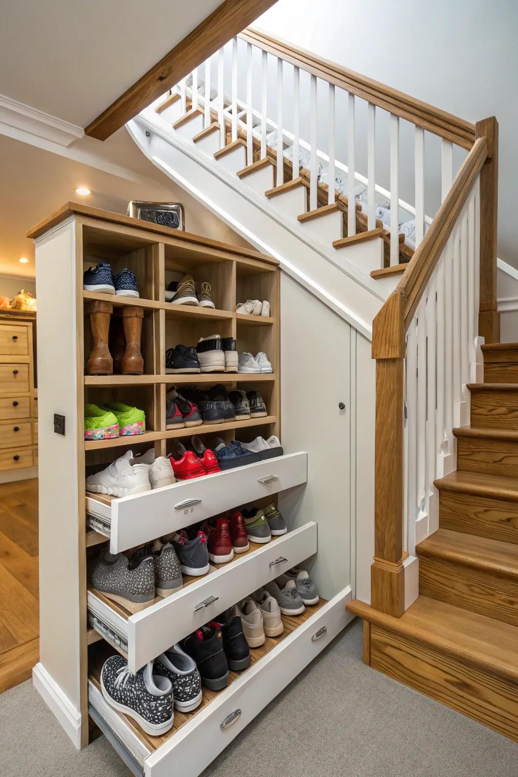 Below-stair enclosures turn overlooked space into a shoe haven.