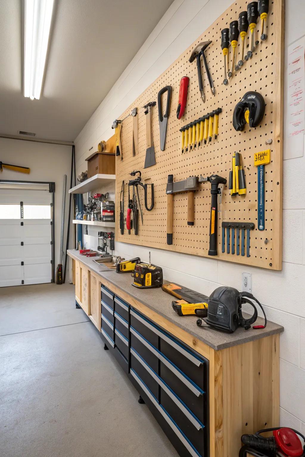 A French cleat system for flexible tool storage.