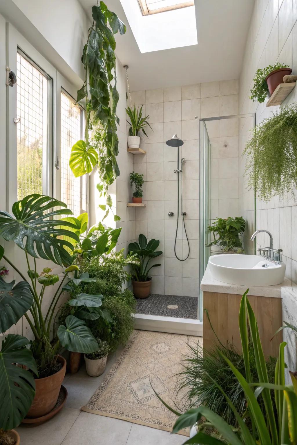 A fresh and lively washroom decorated with indoor foliage.