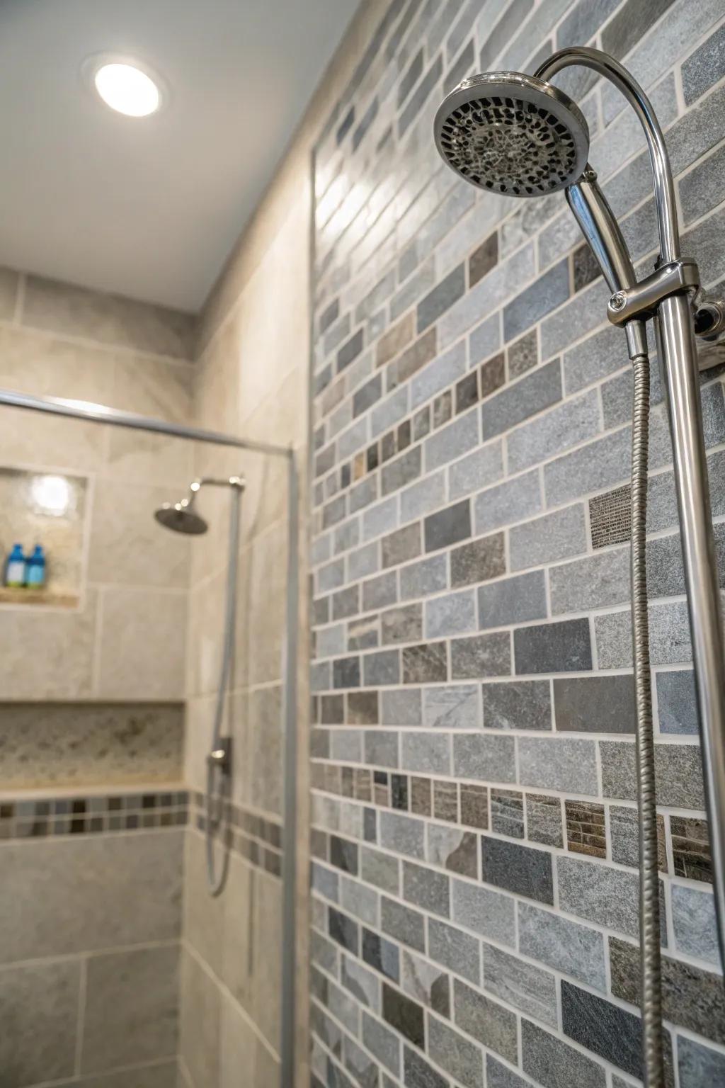 Layered gradations of grey tiles for added depth.