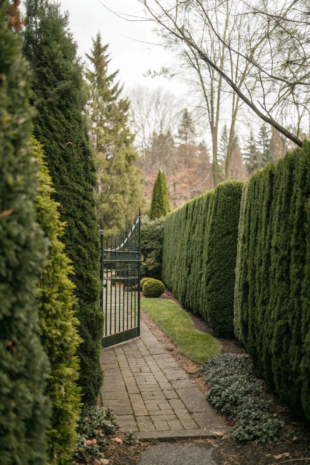 Private side yard with evergreen hedges.