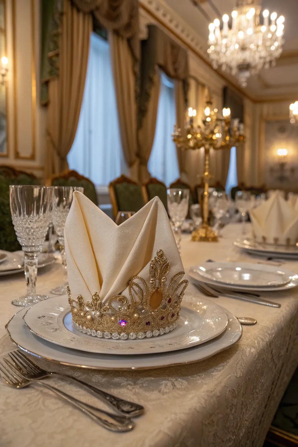 A silken cloth arranged into a high design, giving a regal flair to your dinner party.