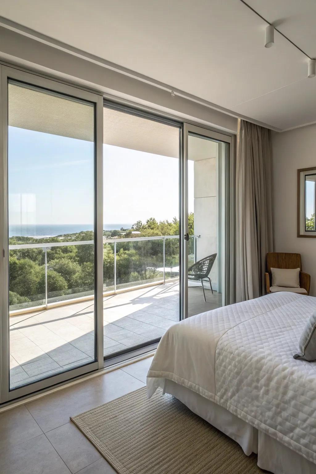 Modern sliding doors connecting the bedroom to the balcony.
