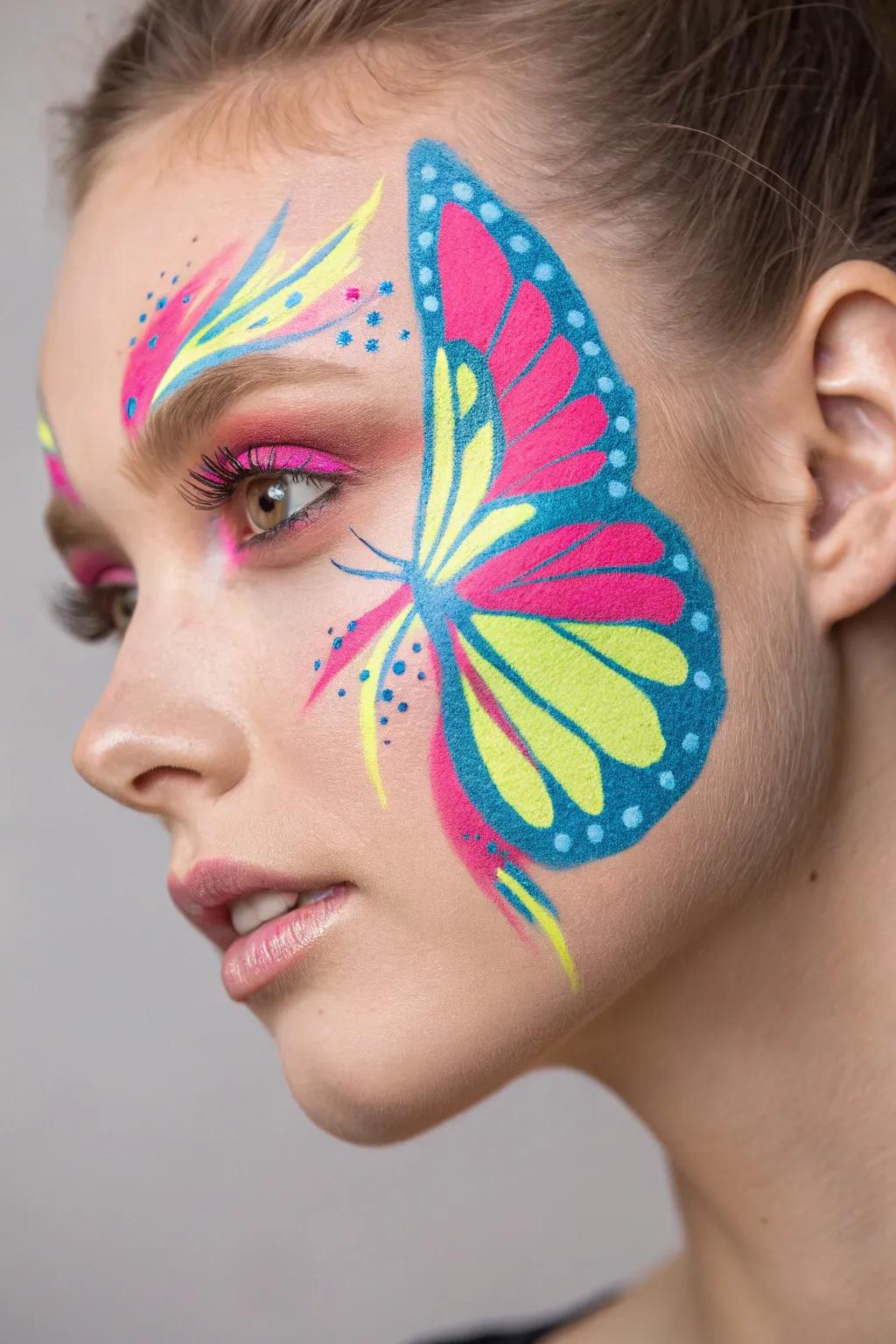 Illuminate your look with this glowing neon butterfly face paint, perfect for adding a bold touch of nature-inspired beauty.