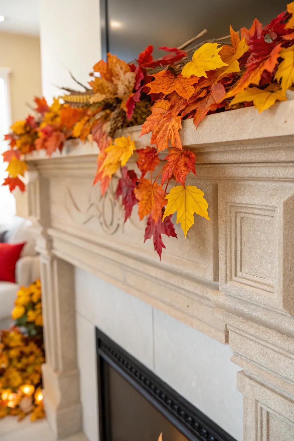 A sophisticated mantel featuring an understated base and vibrant autumnal accents.