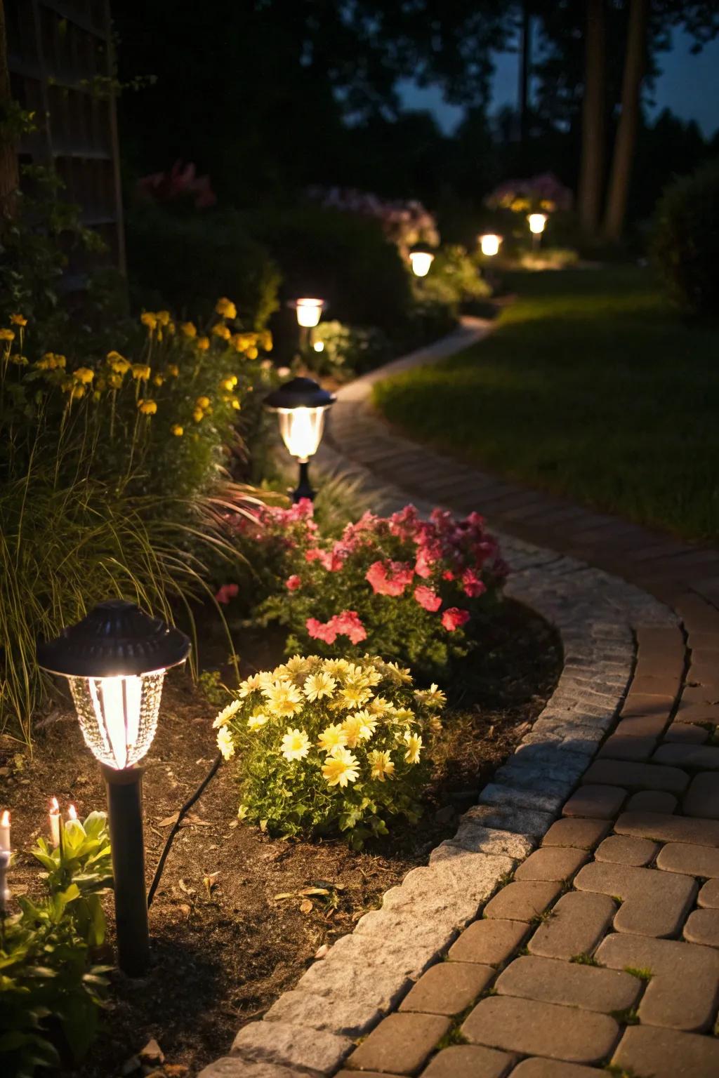 An evening garden brought to life with solar lighting.