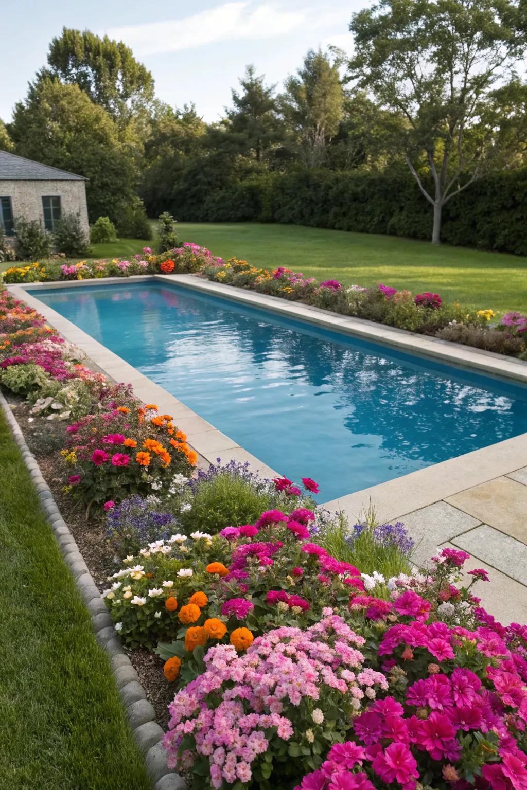 Vibrant flower beds introduce energy and life to the pool setting.