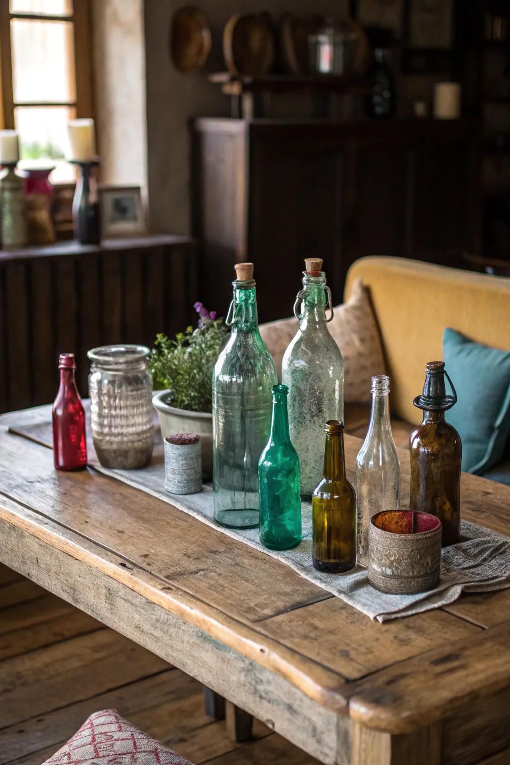 Vintage glass bottles imbuing character into a rustic table.