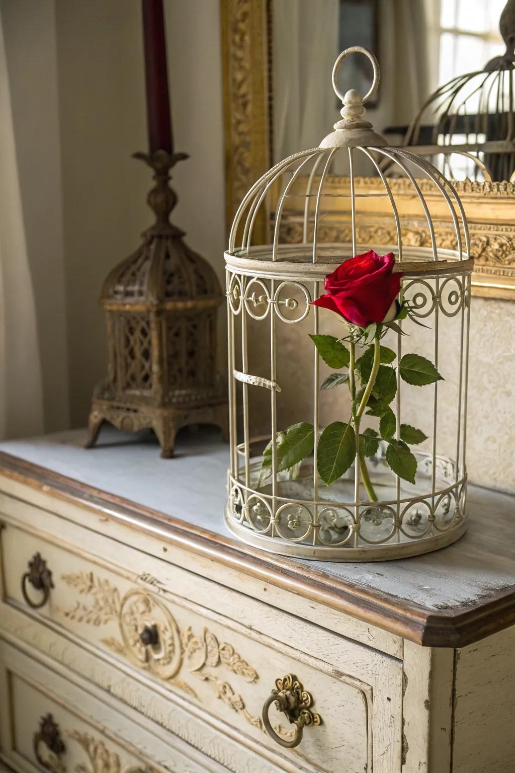 A birdcage introduces a sentimental feel to one solitary rose focal point.