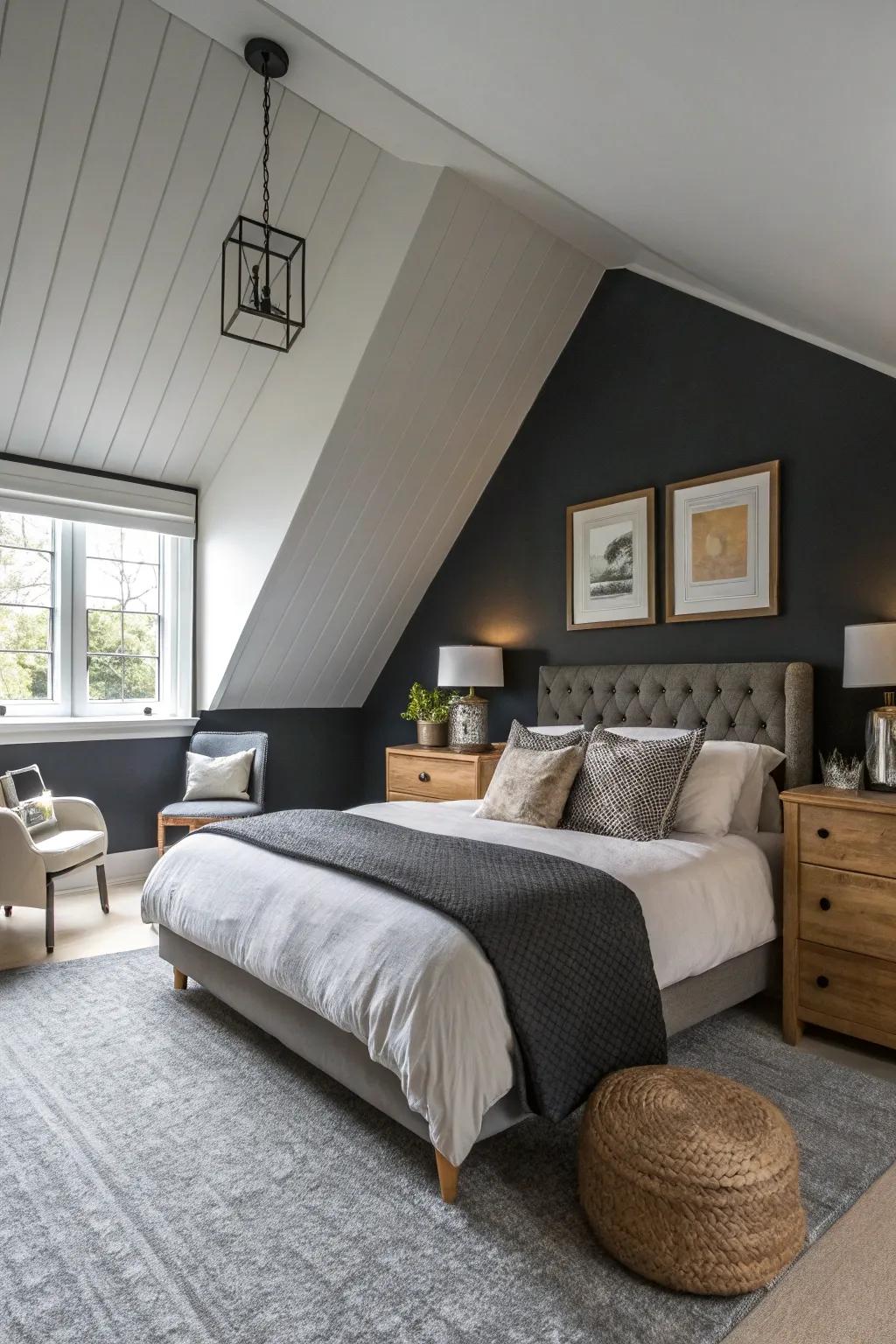 A dark ceiling creates a dramatic focal point in this sophisticated bedroom.