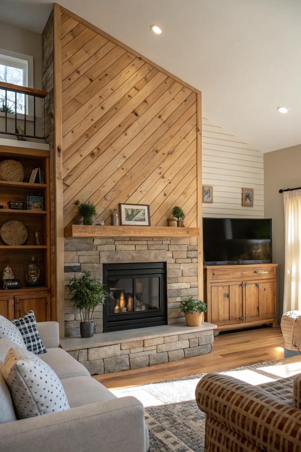 A family area firebox framed by an inviting, warm lumber strip wall.