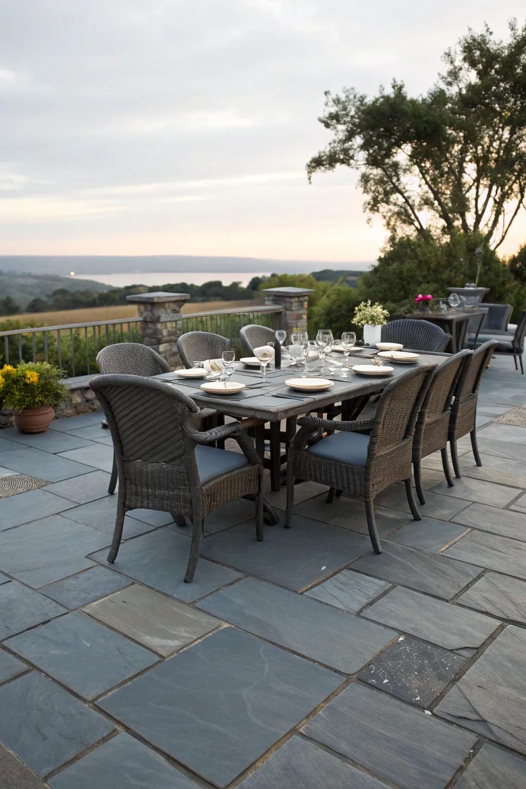 A slate patio arranged for delightful outdoor feasting.
