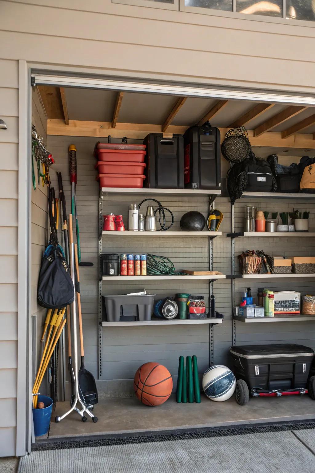 Planks on a panel-track provide space for storing larger items.