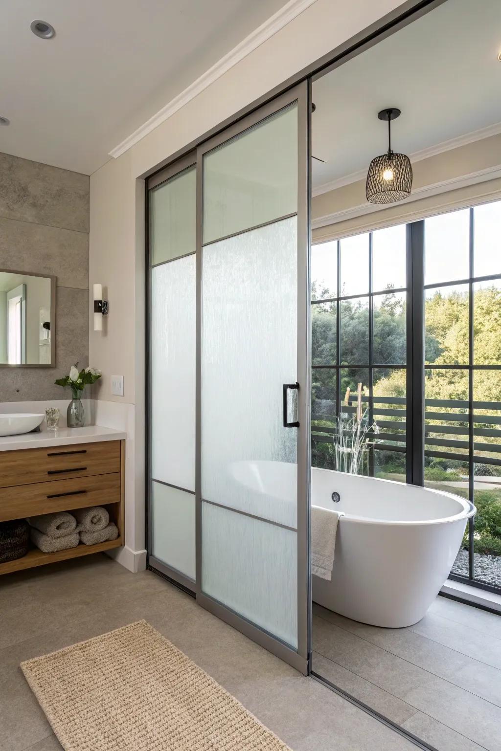 A frosted glass sliding door offers privacy and style in the bathroom.