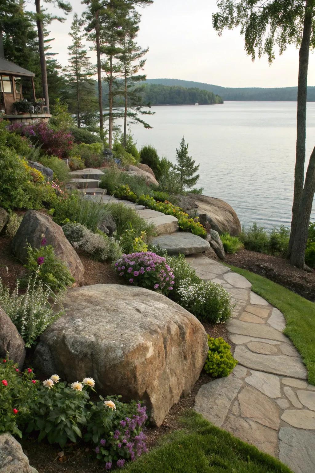 Stones make a striking point of interest in this sloped landscape.