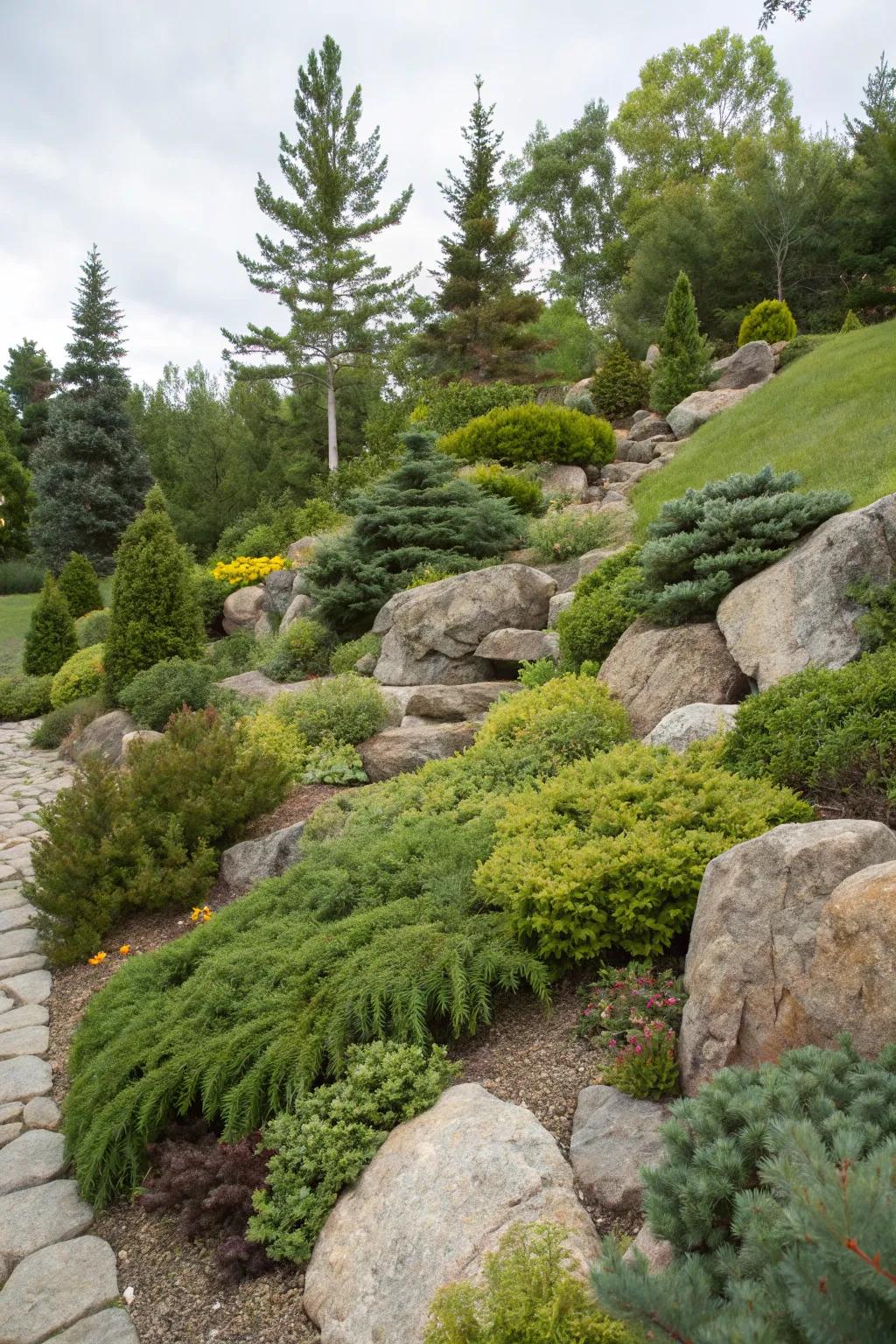 Evergreen shrubs provide structure and vertical appeal.
