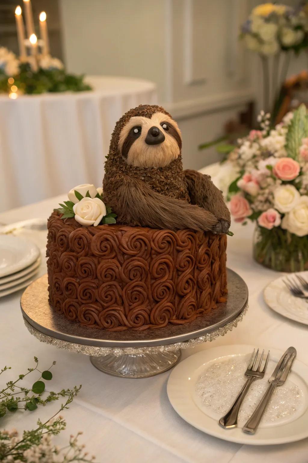 Textured chocolate pelt infuses verisimilitude into the slumbering creature cake.